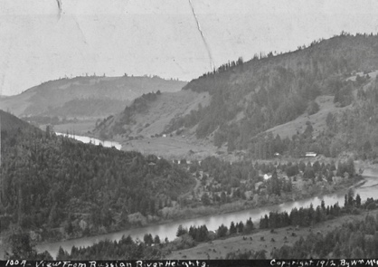 "View from Russian River Heights 1912" Train tracks (Moscow Road) are visible, and large building across the river is the Monte Cristo Pavillion.